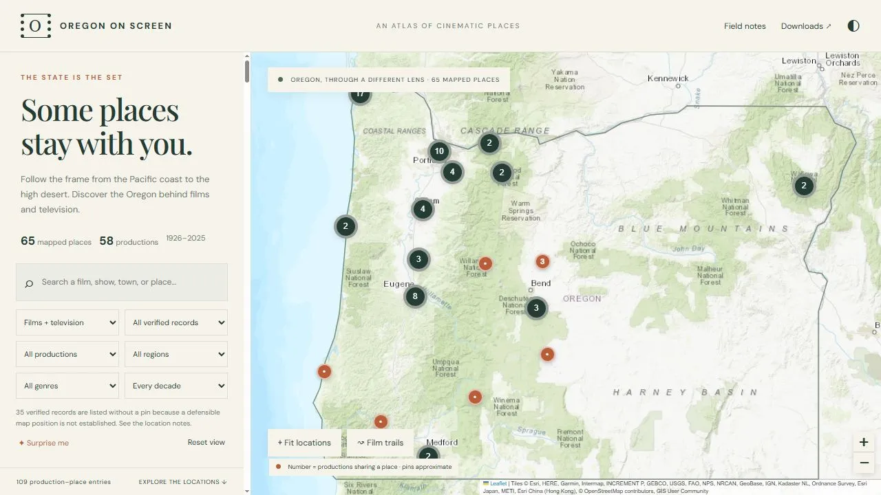 Filming locations across Oregon, with clustered map markers beside search and filter controls.